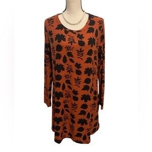 NWT rust black leaf design cotton stretch dress sz M